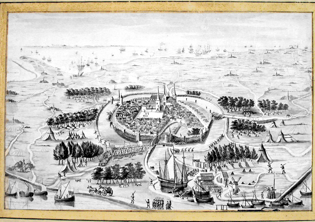 Tekening van de belegering van Goes door de Geuzen in 1572