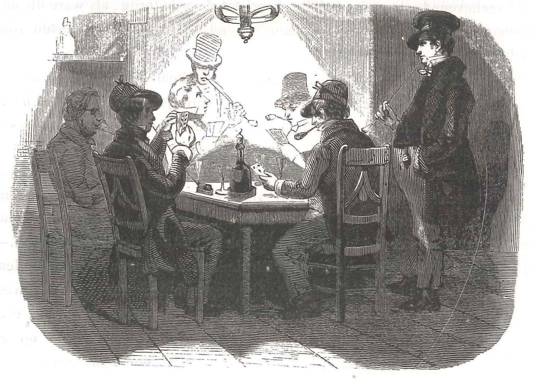 Schets van het interieur van een koffiehuis, een groep mensen zit rondom een tafel.