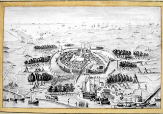 Tekening van de belegering van Goes door de Geuzen in 1572