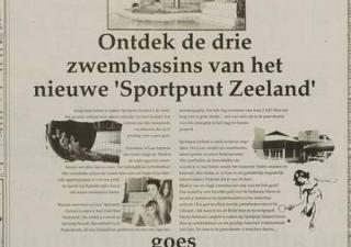 Pamflet met de tekst "Ontdek de drie zwembassins van het nieuwe Sportpunt Zeeland"