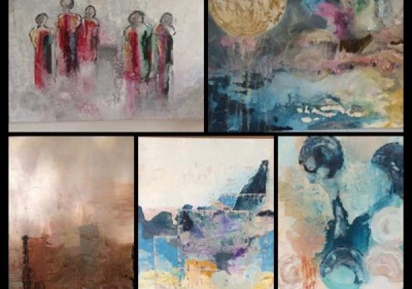 Collage van 5 schilderijen met uiteenlopende onderwerpen