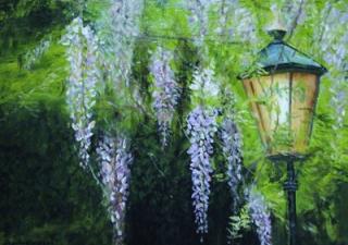 Schilderij van lantaarnpaal en boom