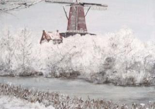 Schilderij van winterlandschap en een molen naast een riviertje
