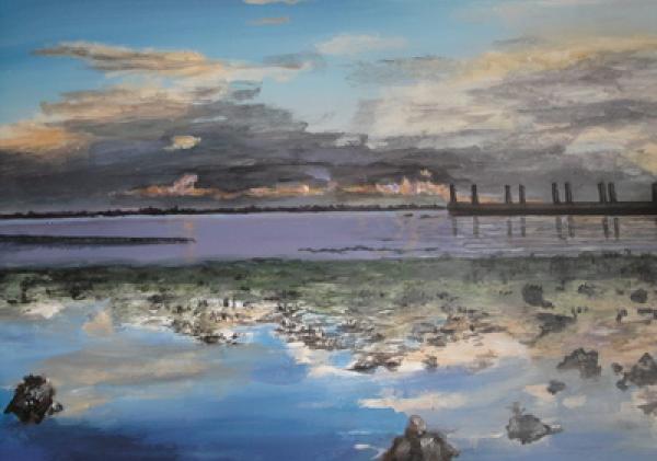 Schilderij van de zee met weerspiegeling van de wolken