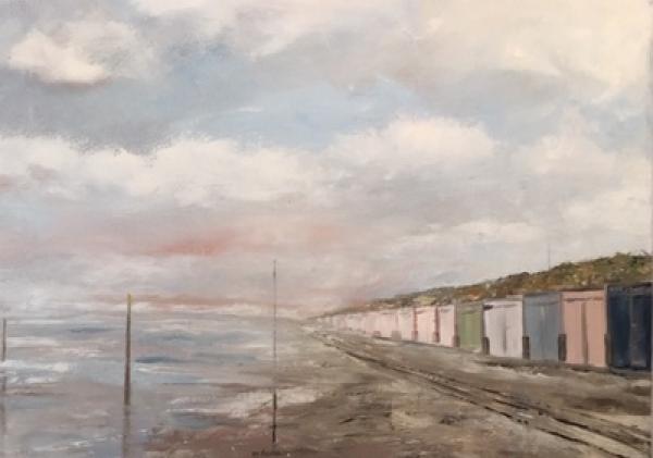 Olieschilderij van een strandaanzicht met huisjes rechts