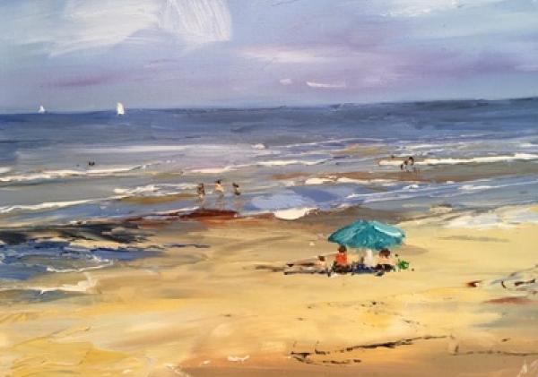 Olieschilderij van een strandaanzicht met twee mensen onder een parasol
