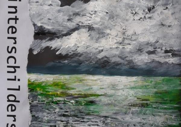Schilderij van een donkere zee en lucht met de tekst "Winterschilders" links