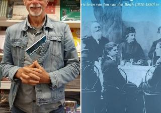 Links Frank de Klerk met zijn boek tijdens de boekpresentatie, rechts de cover van het boek