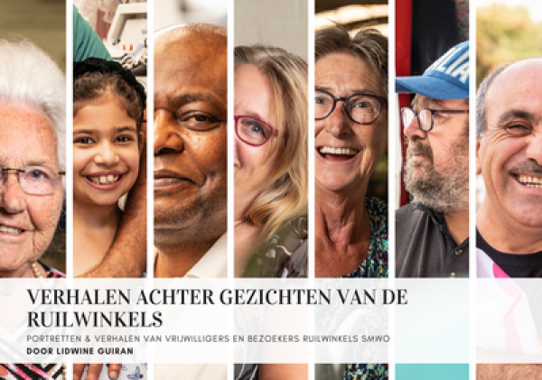 Portretten met de tekst "Verhalen achter gezichten van de ruilwinkels"