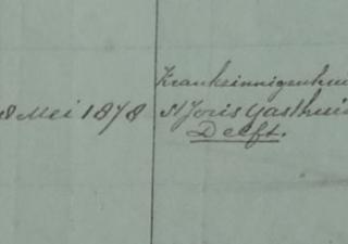 Fragment uit bevolkingsregister. Er staat "8 mei 1878. Krankzinnigenhuis St. Joris Gasthuis Delft". Delft staat onderstreept.