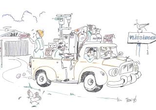 Cartoon tekening van een auto die wegrijd in de richting van Vlissingen, zoals aangegeven op een bord