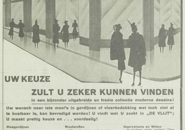 Advertentie uit De Zeeuw met bovenaan een schets van het vernieuwde winkelpand en daaronder het aanbod