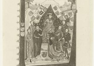 Gravure naar origineel waarin mr. Pieter van Beoosterzweene van Renesse een boek aanbiedt aan Filips de Goede