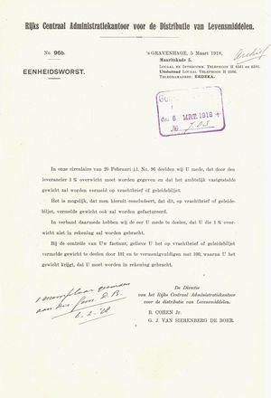 Brief met bepalingen van het Rijkskantoor over de zgn. eenheidsworst.
