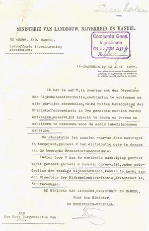 Brief waarin het Ministerie de gemeente opdraagt partijen steenkolen in bezit te nemen en vervolgens te distribueren.