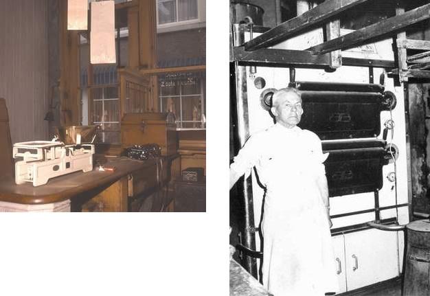 Links het interieur van een bakkerij en rechts de bakker bij een oven