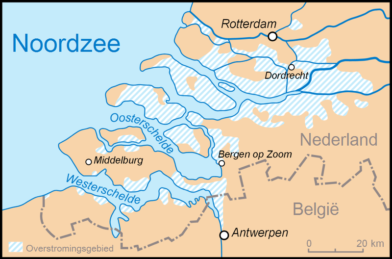 Kaart van het overstromingsgebied in Zeeland