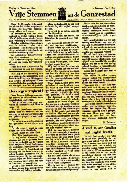 "Vrije Stemmen uit de Ganzestad" krant pagina