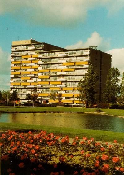 Prentbriefkaart met op de voorgrond een waterpartij en daarachter de Erasmusflat