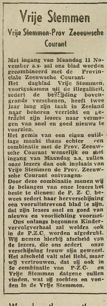 Krantbericht waarin staat dat Vrije Stemmen wordt samengevoegd met de PZC
