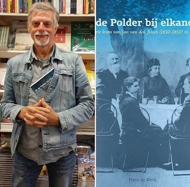 Links Frank de Klerk met zijn boek tijdens de boekpresentatie, rechts de cover van het boek