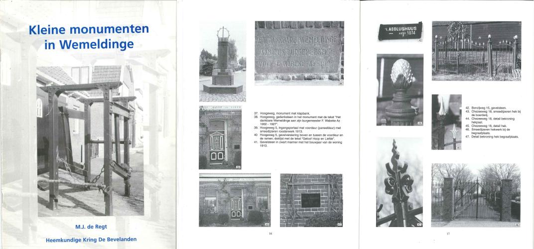 Links voorblad van boek "Kleine monumenten in Wemeldinge", rechts 2 pagina's uit hetzelfde boek