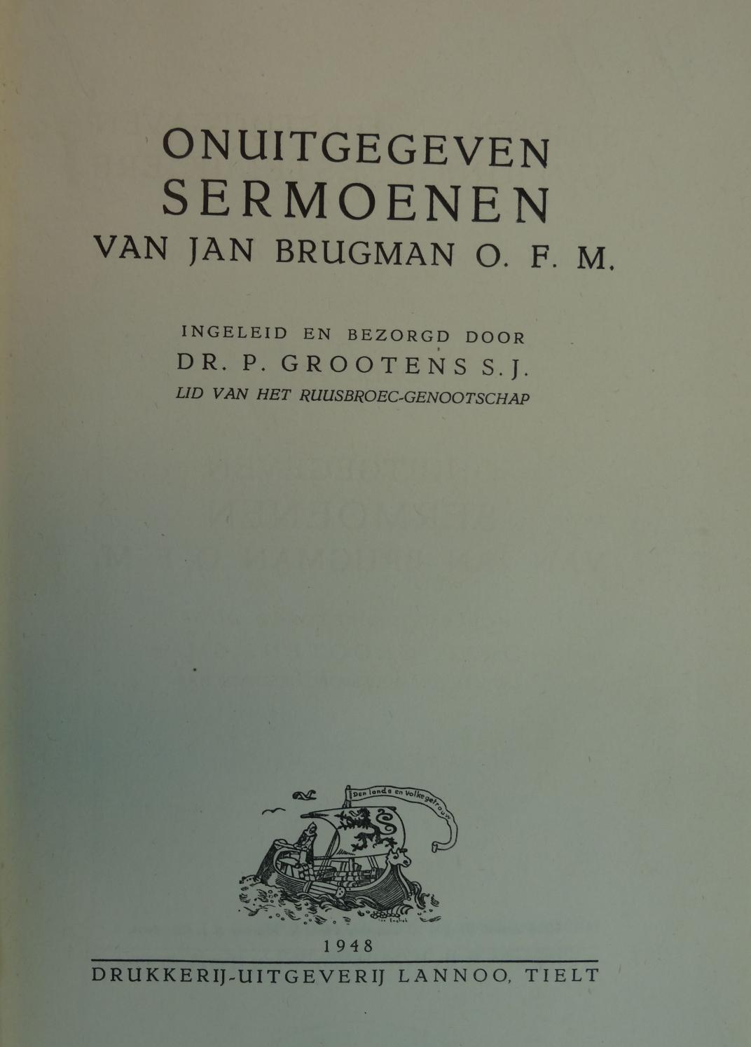 Voorblad van boek met titel "Onuitgegeven Sermoenen van Jan Brugman"