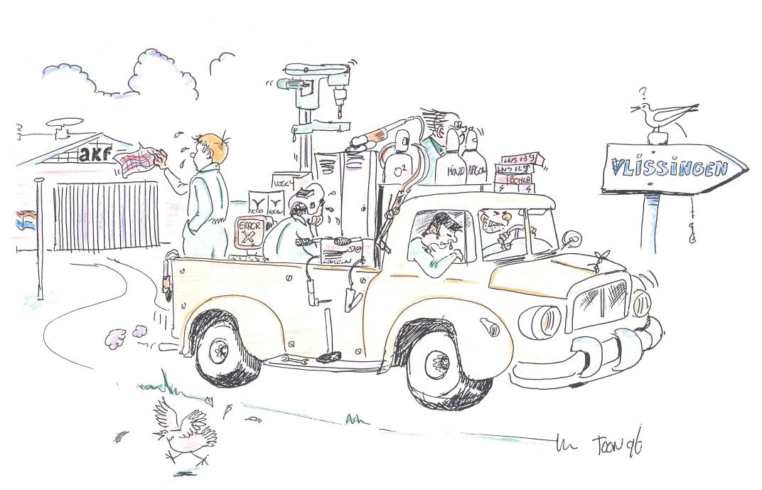 Cartoon tekening van een auto die wegrijd in de richting van Vlissingen, zoals aangegeven op een bord