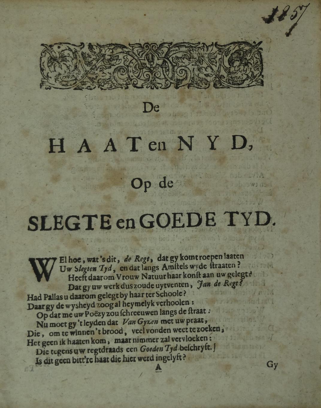 Pamflet met titel "De Haat en Nyd op de Slegte en Goede tyd"