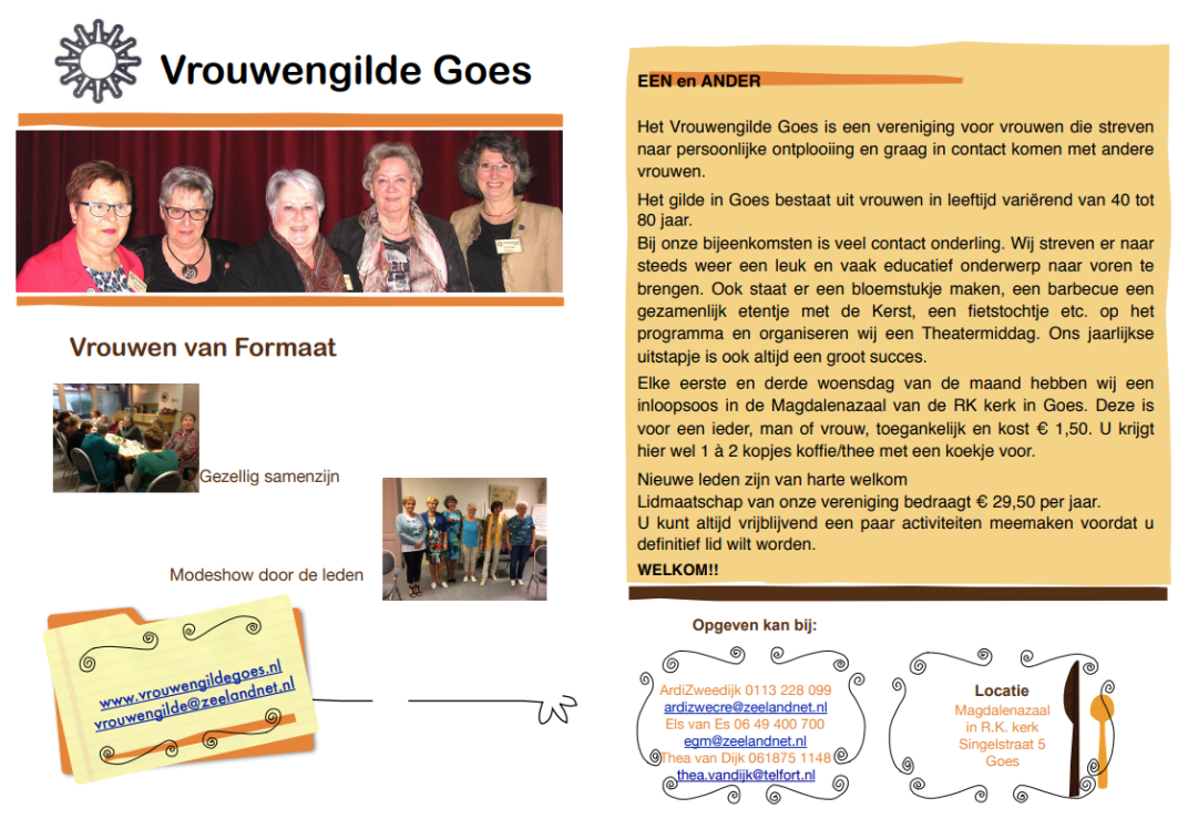 Flyer van de vrouwngilde met 3 foto's en blokken tekst