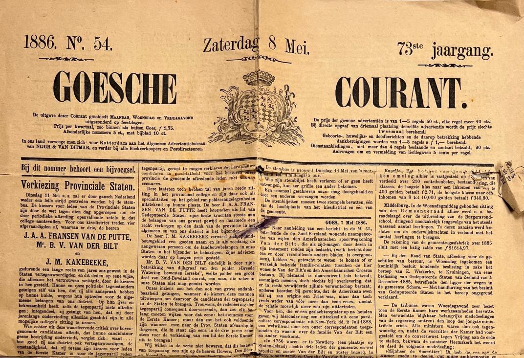 Gedeelte van de Goesche Courant waarop B.V. van der Bilt genoemd wordt