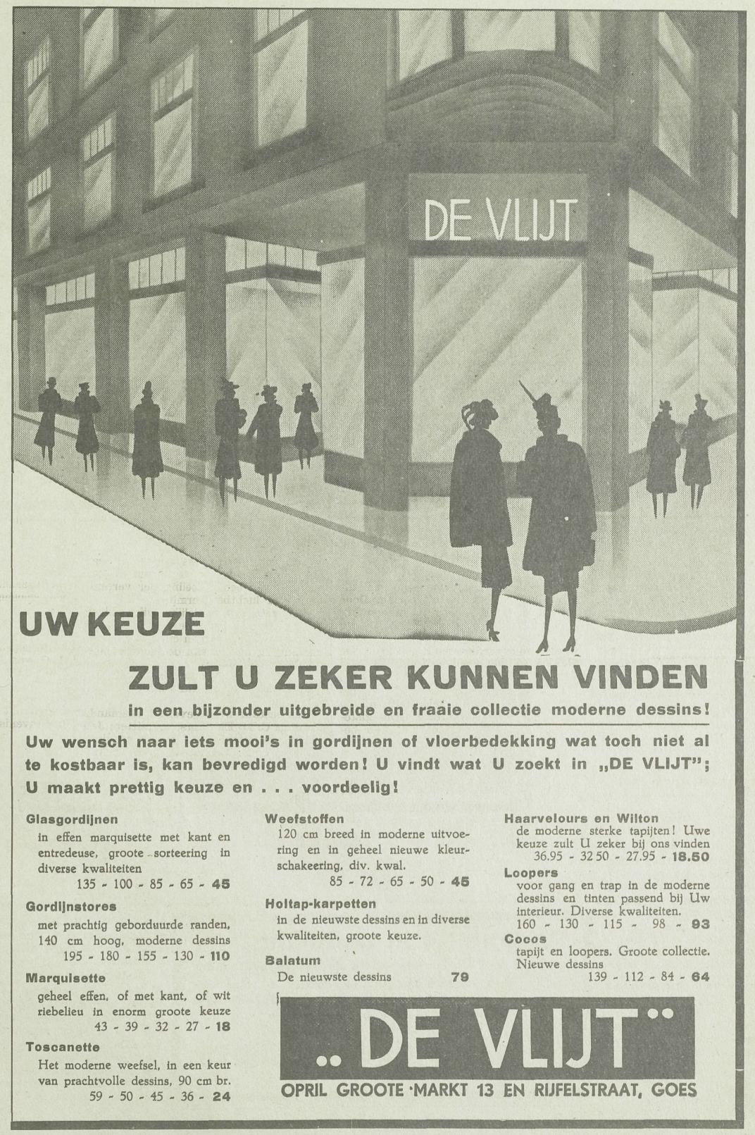 Advertentie uit De Zeeuw met bovenaan een schets van het vernieuwde winkelpand en daaronder het aanbod