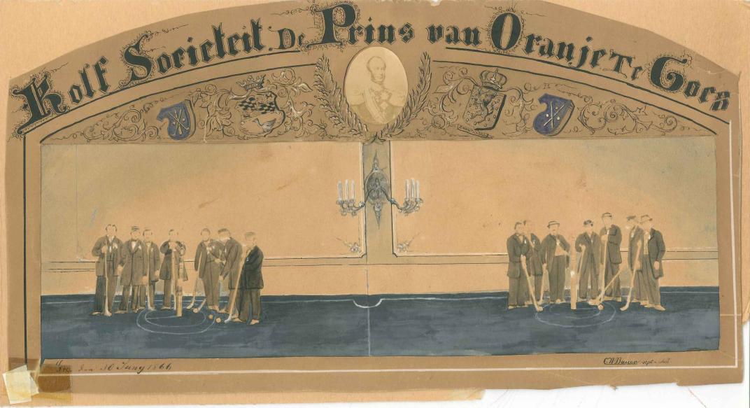 Ingekleurd portret van de kolfsocieteit De Prins van Oranje, links en rechts staan 2 ploegen. Een lijst omringt de foto, erboven staat "Kolf Societeit De Prins van Oranje Te Goes"