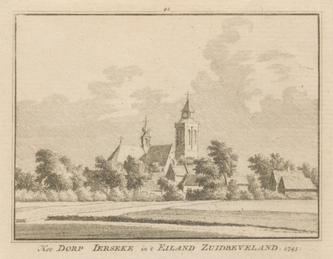 Tekening van Yerseke op een afstand, de kerktoren springt erbovenuit