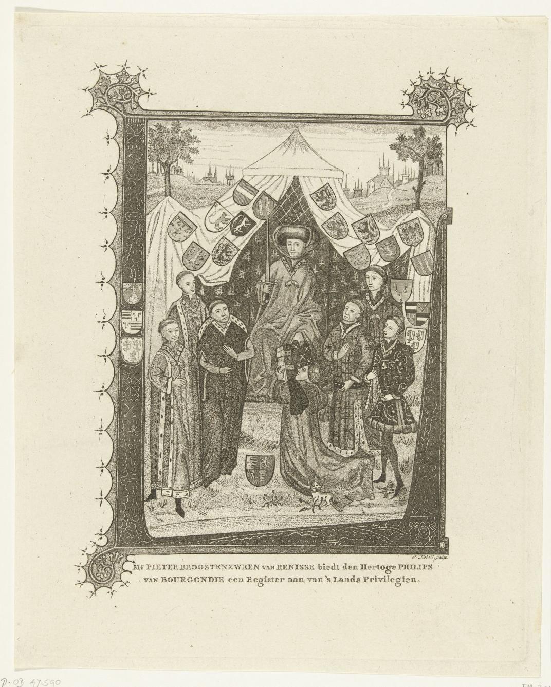 Gravure naar origineel waarin mr. Pieter van Beoosterzweene van Renesse een boek aanbiedt aan Filips de Goede