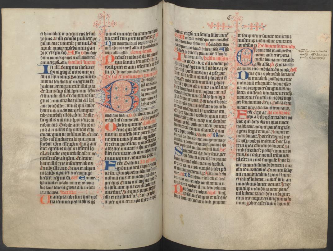 Afb. 6: Gekleurde initialen met Delfts penwerk en aantekening in de marge (fol. 99v-100r (scans 208-9))