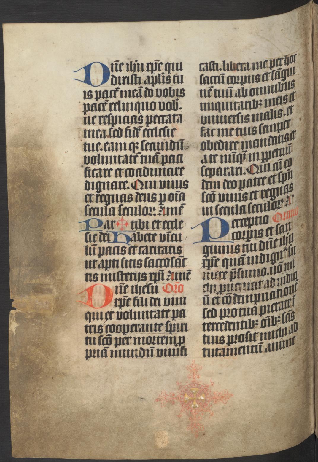 Afb. 6: Kruis van bladgoud onderaan de sectie met eucharistische gebeden in Missaal 1 (fol. 126 extra 6v (scan 270))