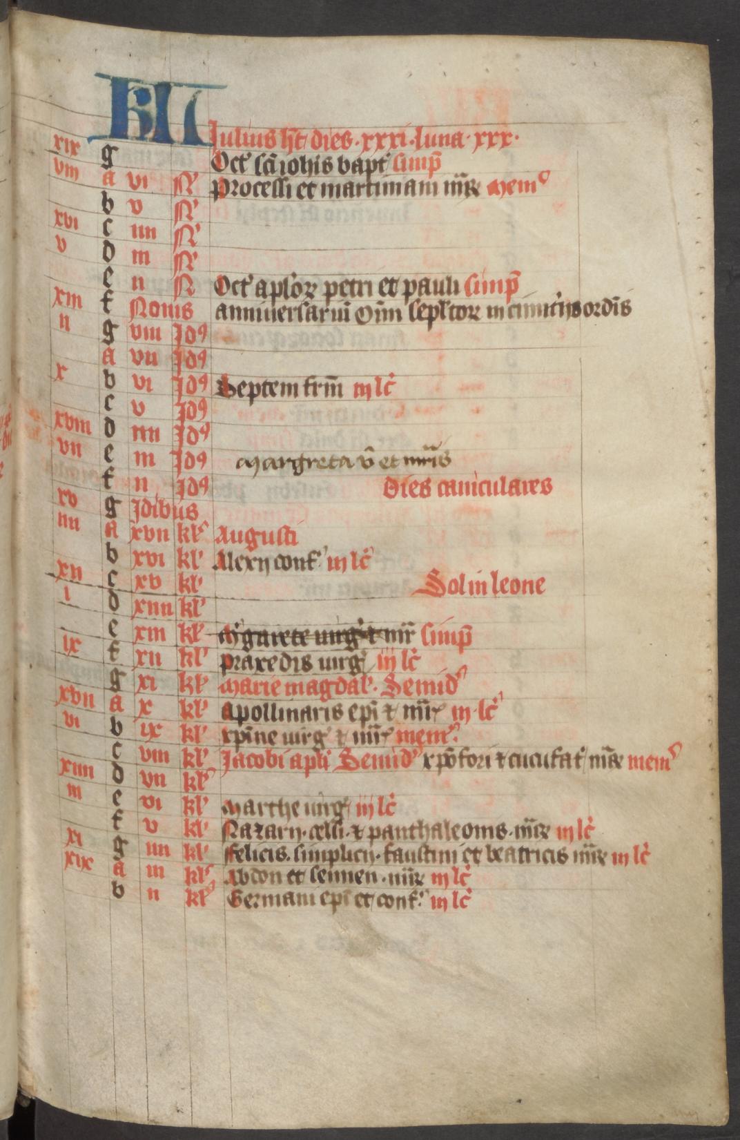 Afb. 2: Kalender voor juli, met de feestdag van Margareta verplaatst van 20 naar 13 juli (scan 19)